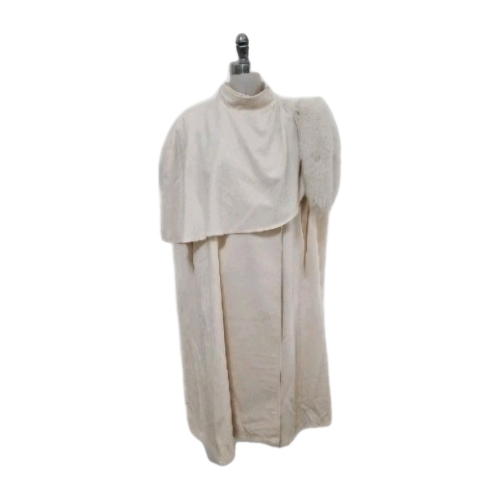 Vtg Cloak Cape Fox Fur Tails 100% Wool Flannel Ivory Duster Cover Evening Coat